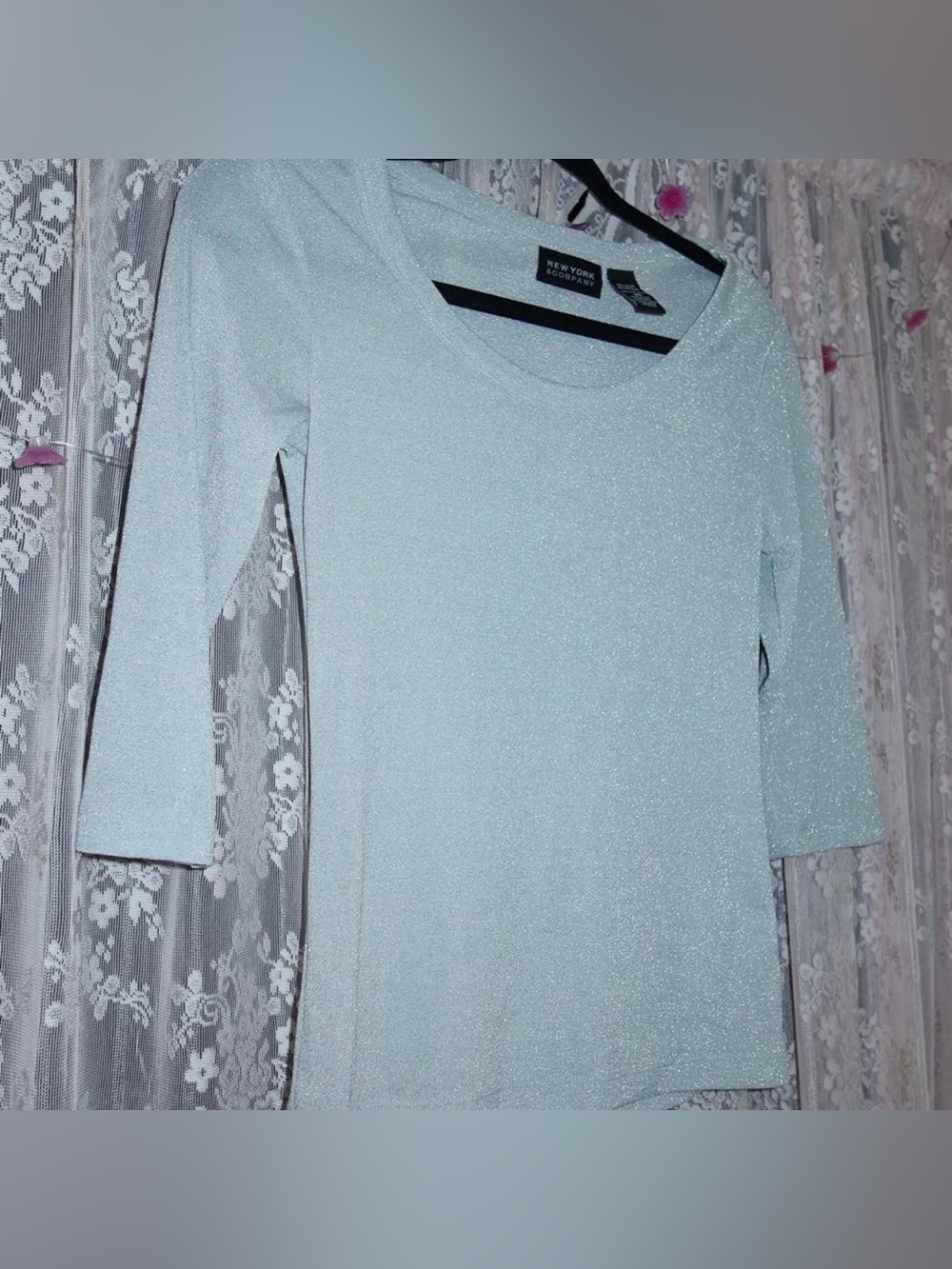 New York & Company silver, mesh Sparkle Scoop Neck Long Sleeve Top